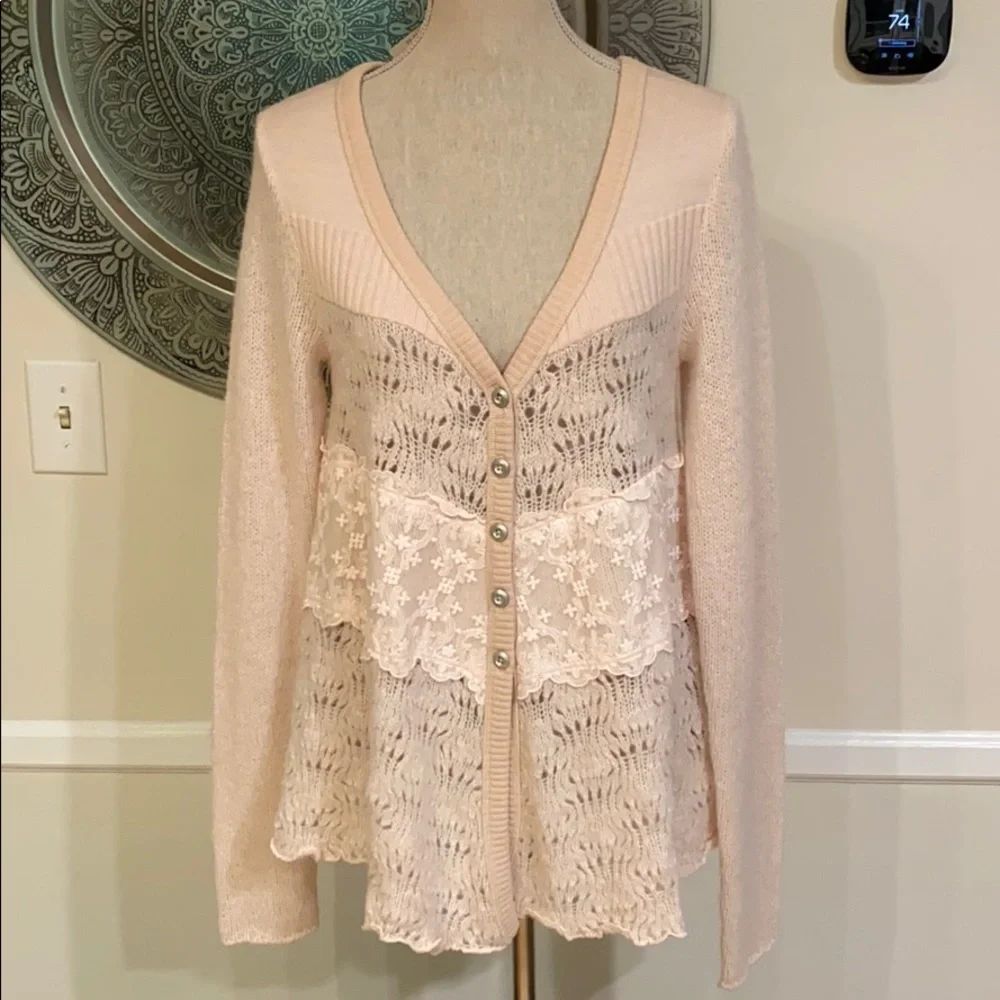 Free People Pale Blush Pink Lace & Knit Button-Up Cardigan - Picture 7 of 13